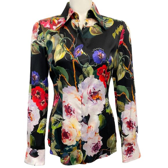 Dolce & Gabbana Black Multi Silk Floral Print Blouse - Picture 1 of 4